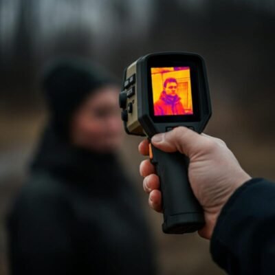 A man holding a hand held thermal camera